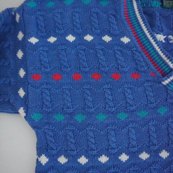 Vintage Izod Blue Cotton Patterned V Neck Sweater Eclectic Grandpa Preppycore XL - Picture 8 of 10